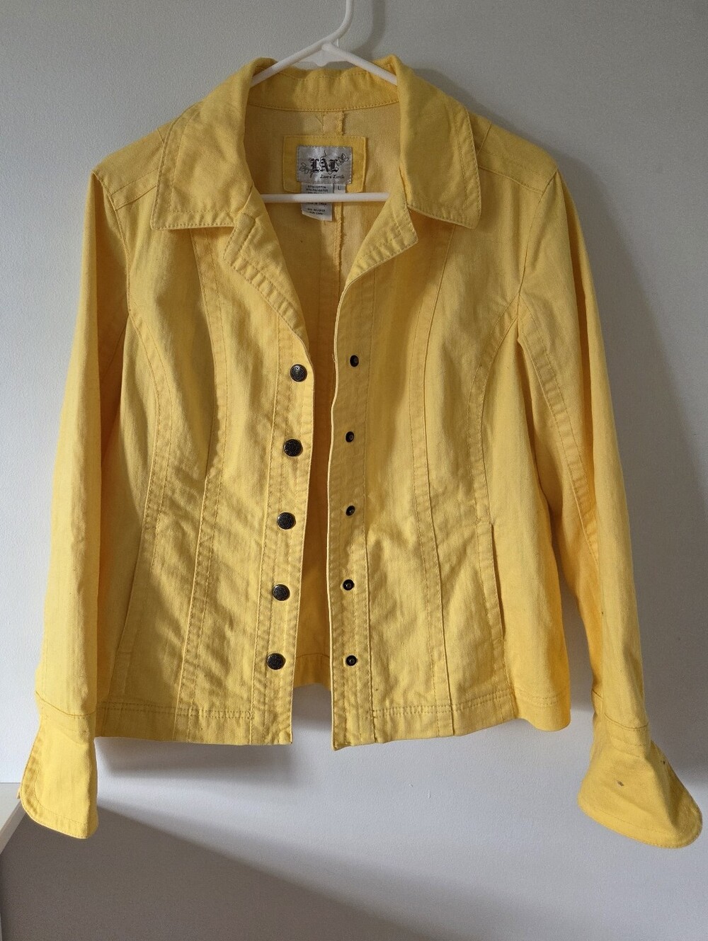 LAL Live a Little Yellow Denim Jacket Button Down Blazer Top Large L